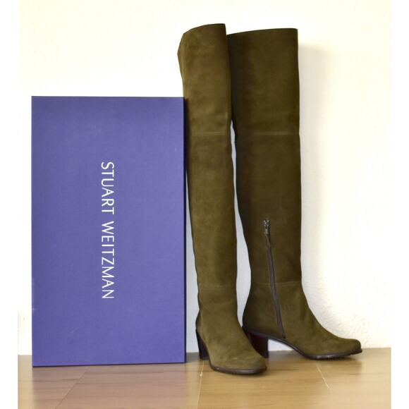 I0 NIB STUART WEITZMAN Hitest Olive Suede Stacked Heel Over The Knee Boots Sz 8 - Picture 1 of 12